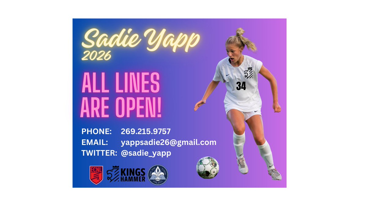 Sadie Yapp (@sadie_yapp) on Twitter photo Open communication is around the corner! looking forward to chatting with programs and kicking off the recruiting process. <a href="/ImYouthSoccer/">ECNL/GA/Recruiting/College Soccer</a> <a href="/PrepSoccer/">Prep Soccer ⚽️</a> <a href="/NcsaSoccer/">NCSA Soccer</a> <a href="/ImCollegeSoccer/">College Soccer Truth ™</a> <a href="/TheSoccerWire/">SoccerWire</a> <a href="/ECNLgirls/">ECNL Girls</a> <a href="/kingshammer/">Kings Hammer</a> Open communication is around the corner! looking forward to chatting with programs and kicking off the recruiting process. <a href="/ImYouthSoccer/">ECNL/GA/Recruiting/College Soccer</a> <a href="/PrepSoccer/">Prep Soccer ⚽️</a> <a href="/NcsaSoccer/">NCSA Soccer</a> <a href="/ImCollegeSoccer/">College Soccer Truth ™</a> <a href="/TheSoccerWire/">SoccerWire</a> <a href="/ECNLgirls/">ECNL Girls</a> <a href="/kingshammer/">Kings Hammer</a>