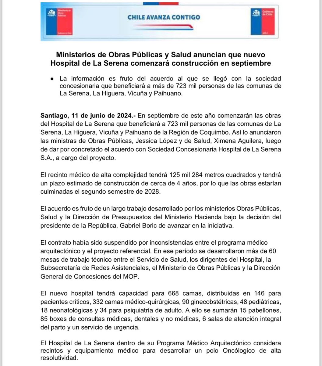ministeriosalud's tweet photo. 📌 Ministerio de Salud y @mop_chile anuncian que nuevo Hospital de La Serena comenzará construcción en septiembre. https://t.co/DktWPAhnq5