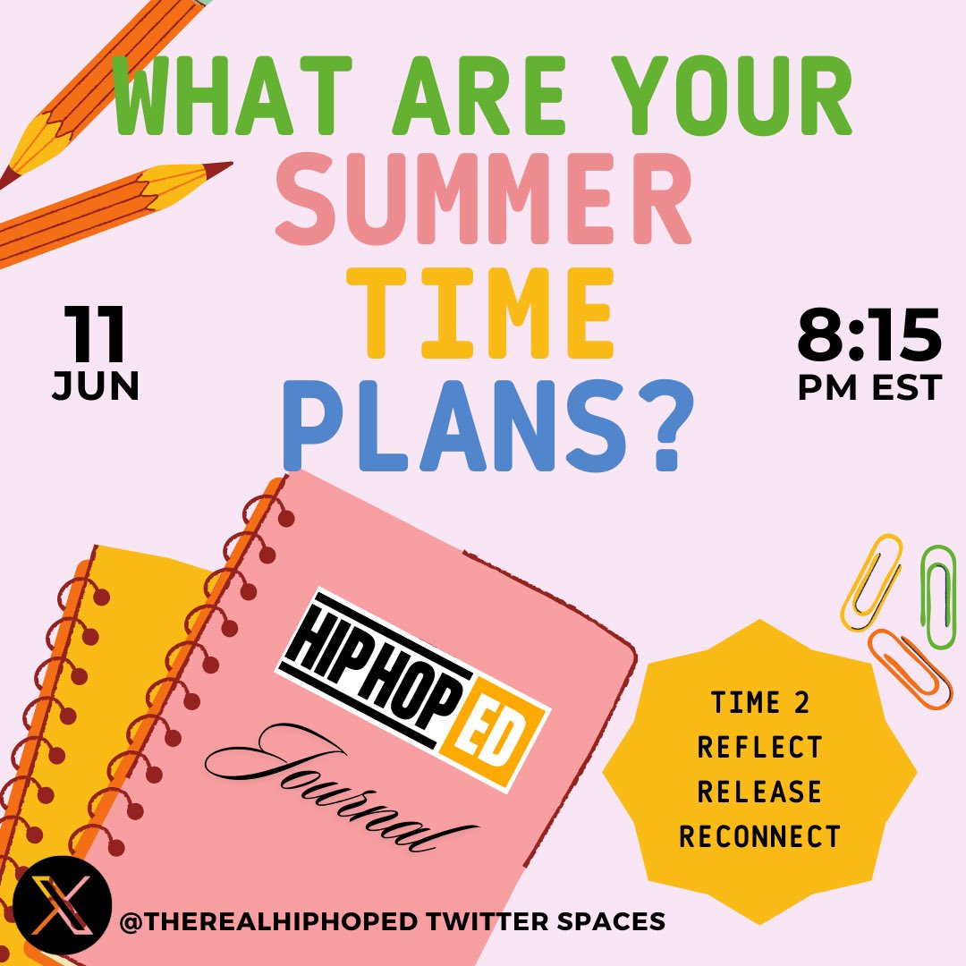 <a href="/NewBlackMan/">SAVE A SEAT FOR ME (Simon & Schuster, 2026)</a> <a href="/rapclassroom/">Darren Chetty</a> @redclayscholar <a href="/JoyGayles/">Joy Gaston Gayles (she/her)</a> <a href="/iamdrjoycelyn/">Joycelyn Wilson, PhD</a> Tonight 8:15 pm EST #HipHopEd Join us on spaces w/<a href="/TheRealHipHopEd/">#HipHopEd</a> to share your summer time plans and possibly create some based on our community.