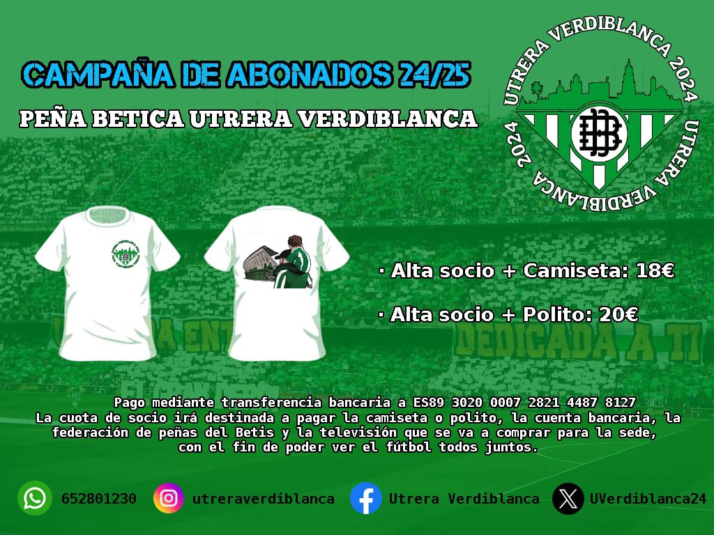 UVerdiblanca24's tweet photo. 📣 CAMPAÑA ABONADOS 2024/2025. UTRERA VERDIBLANCA 📣
(1) https://t.co/JqI0Jbu7Wx