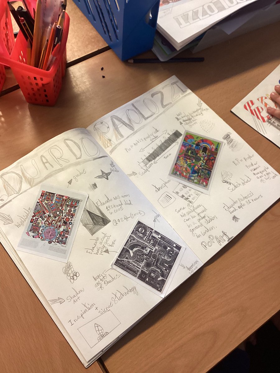 BPSYearFour's tweet image. Year 4 have been exploring the artist Eduardo Paolozzi. We have created a double page in our sketch books exploring his work. #billingshurstart