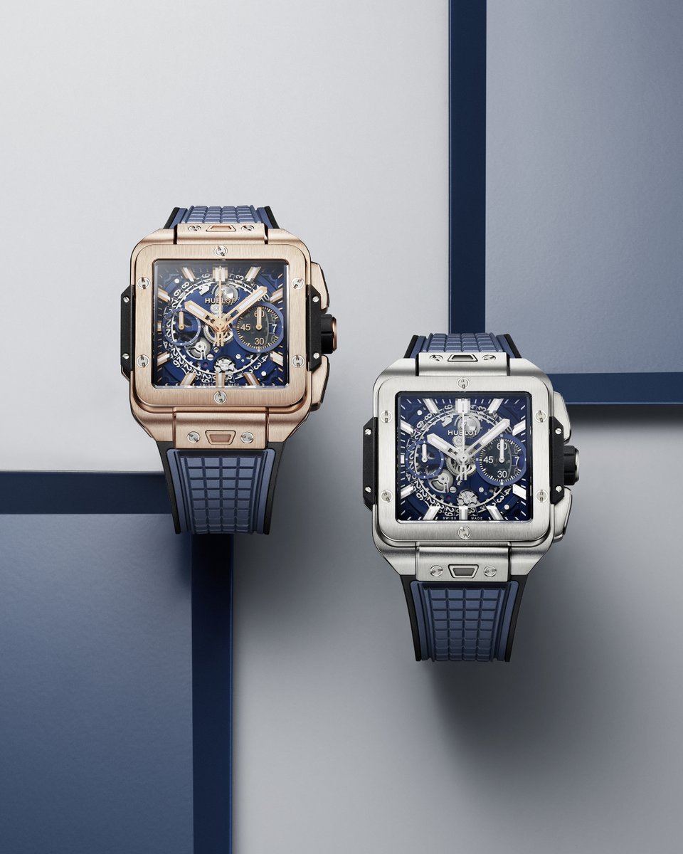 Make a statement with the disruptive and unconventional shape of the Square Bang Unico King Gold Blue and the Square Bang Unico Titanium Blue. #Hublot