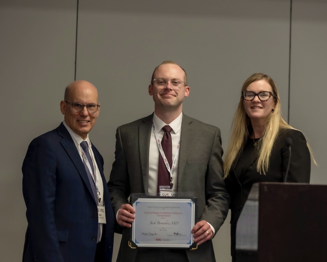 WiscSurgery's tweet photo. Congratulations to Dr. Jack Bontekoe (@jackbontekoe), Vascular Surgery Resident, for receiving the Society for Vascular Surgery VRIC Trainee Award for his work in aneurysm research. Dr. Bontekoe presented this research at the 2024 Vascular Research Initiatives Conference. https://t.co/iDwaNwagoZ