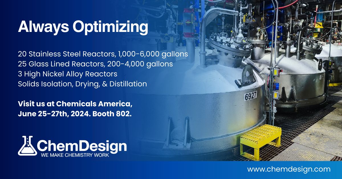 ChemDesign continues to invest in our facility to best serve the needs of our customers. Visit our team at Specialty &amp; Agro Chemicals America booth 802 to discuss your next fine or specialty #chemical manufacturing project. #alwaysoptimizing