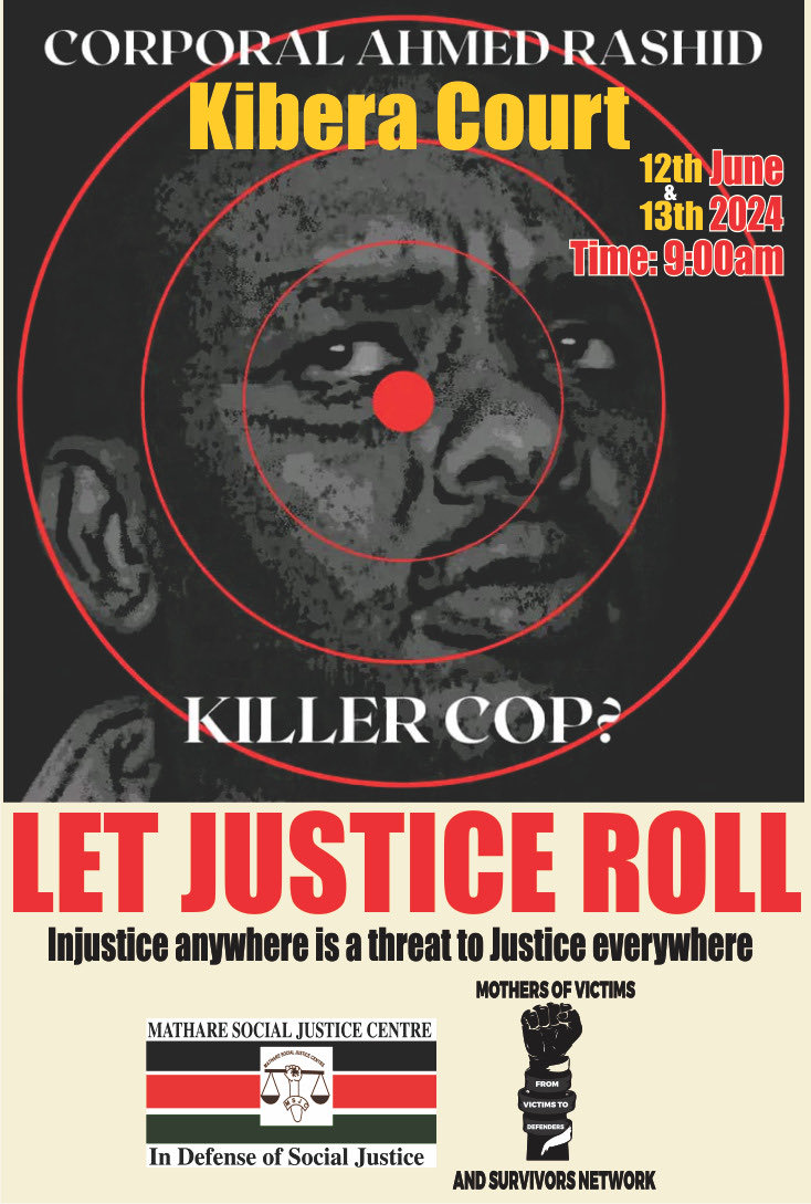 Join us tomorrow &amp; Thursday, June 12 &amp; 13, at the Kibera Court from 9 am, as we attend the court case of killer-cop Ahmed Rashid. We will be there to demand justice for all of our loved ones killed by his bullets. We all have a right to life! ⁦⁦⁦<a href="/MothersVictims/">Mothers of Victims & Survivors Network</a>⁩