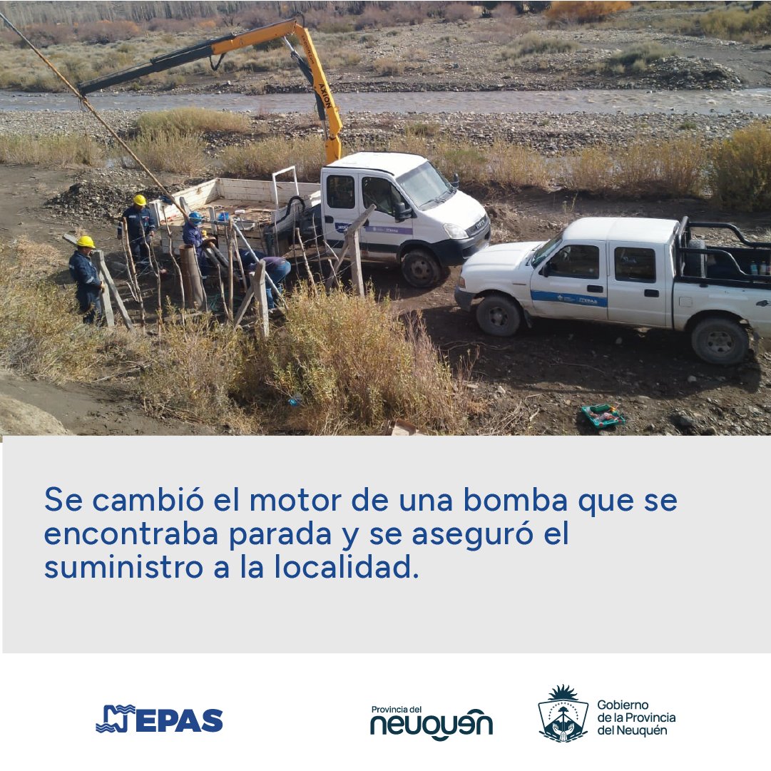 👷🏻 Personal de EPAS Taquimilan, Chos Malal y Andacollo, realizó mantenimiento y reparación de bombas en los pozos filtrantes que abastecen a la localidad de Taquimilán. Con estas acciones se garantiza un mejor caudal de agua para tratar y se alarga la vida útil de los equipos.