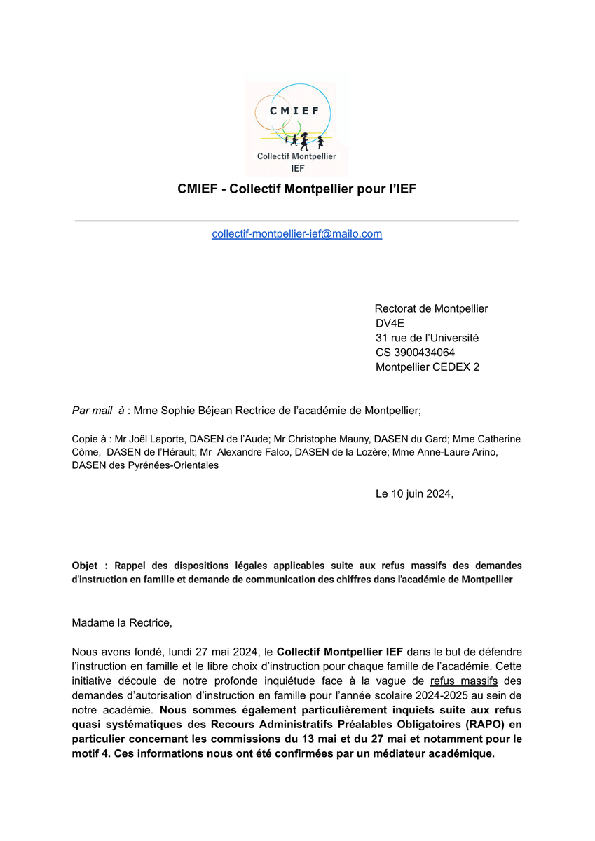 CollectiefMontp's tweet photo. Le collectif de familles pour l'instruction en famille se réunit dans une lettre adressée aux DASEN
@11Dsden
@Dsden30
@34Dsden
@dsden66
@48DSDEN
et Rectrice
@sophiebejean
de l'académie de Montpellier
@acmontpellier
suite aux refus massifs de demande d'autorisation d'#IEF https://t.co/aHcwJ1L5G8