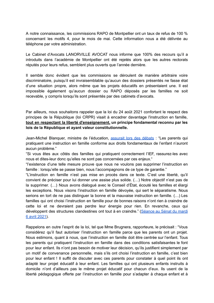 CollectiefMontp's tweet photo. Le collectif de familles pour l'instruction en famille se réunit dans une lettre adressée aux DASEN
@11Dsden
@Dsden30
@34Dsden
@dsden66
@48DSDEN
et Rectrice
@sophiebejean
de l'académie de Montpellier
@acmontpellier
suite aux refus massifs de demande d'autorisation d'#IEF https://t.co/aHcwJ1L5G8