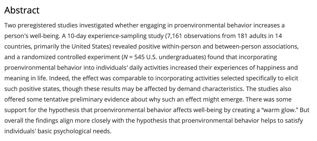 aa_marsh's tweet photo. Go ahead--pick up litter, recycle, or eat a plant-based meal! Two pre-registered studies (one of them an RCT) find that engaging in pro-environmental behavior increases participants' experiences of happiness and meaning in life. @PsychScience  https://t.co/K0njnMplJT https://t.co/NCa5MGzZE1