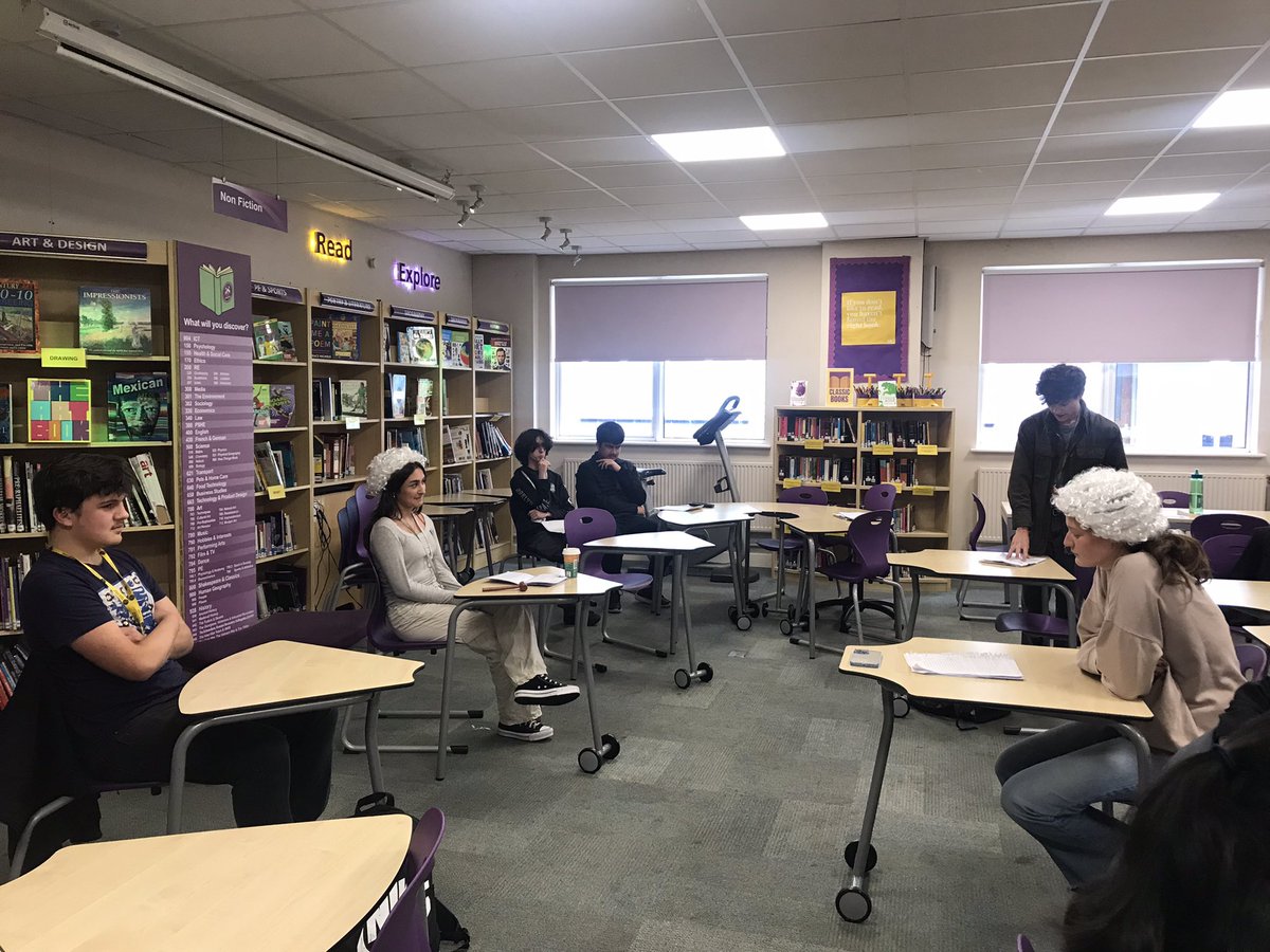 BC_OLC's tweet photo. Our Sixth Form Law students running their mock trial event today in the library #BGT @TheLawSociety @BishopChalloner #guiltyornotguilty @BCCareersSmart @BCCSix @CPSUK @GreatSchLibs https://t.co/mp4UTY3FVG