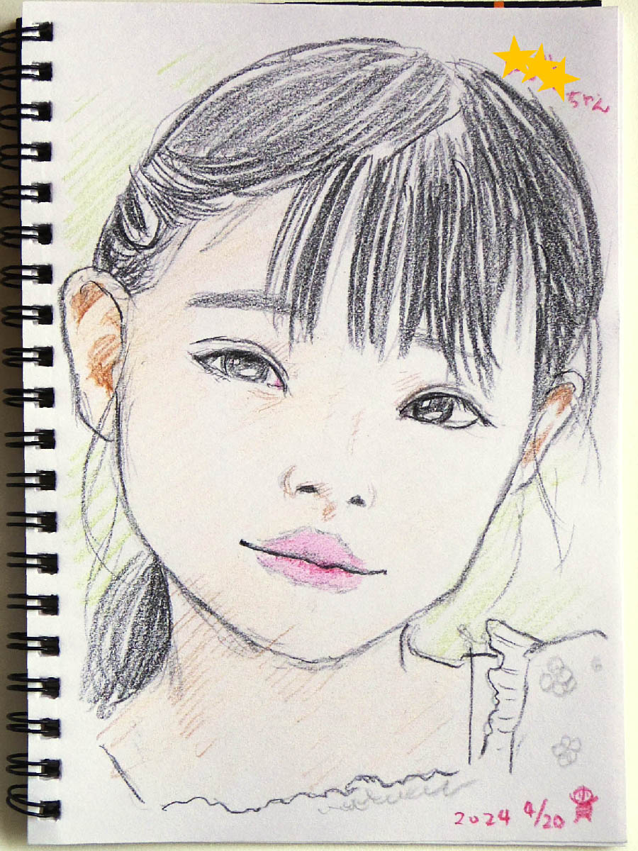 4月20日の「コトニアガーデン新川崎 春のまちフェスタ」でお描きした似顔絵を、お客様に許可いただき掲載✍️😊
小学生の女の子さんなのですが、なんでしょう、このオーラ!✨
お姫様というか、妖精というか、白く輝くような雰囲気を持った子でした!😆
#似顔絵 #色鉛筆画 #アナログ絵 #手描き 
