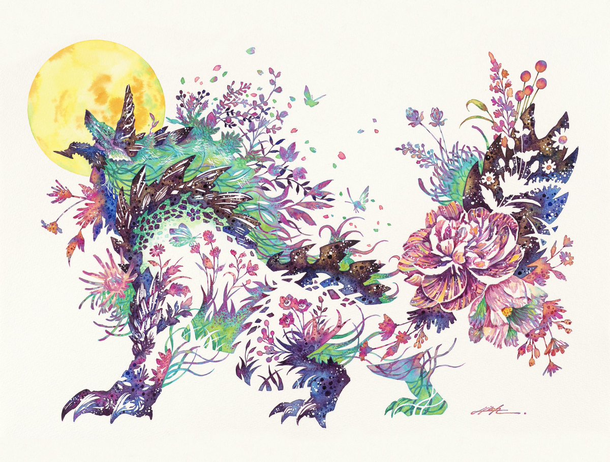 モンスターハンター タケダヒロキ リオレウス キャラファイングラフ 絵画 水彩画 20年間支えてくれた、すべてのハンターへ 豪華絢爛に咲き誇る