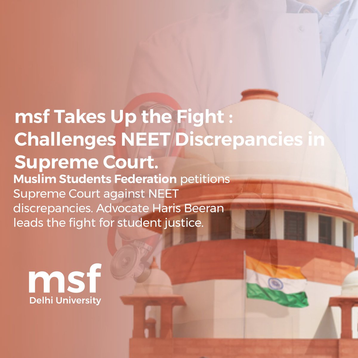 MTJadeer's tweet photo. Muslim Students Federation petitions Supreme Court against NEET discrepancies. Advocate Haris Beeran leads the fight for student justice.
@msf_DU 
#Neet2024 
#NeetResults https://t.co/B2RD5MLo8P