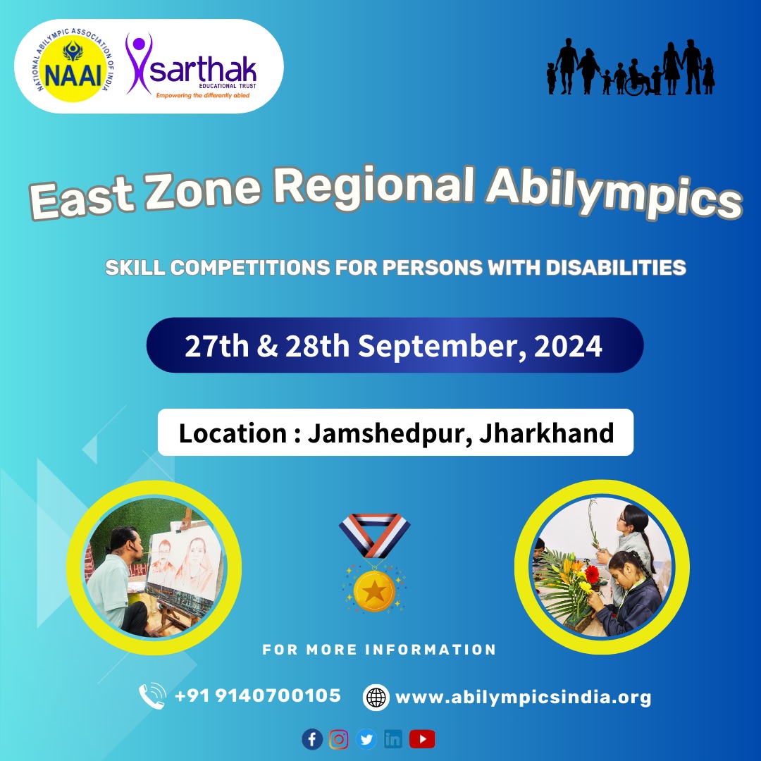 SarthakEducati2's tweet photo. East Zone Regional Abilympics Skill Competitions for Persons with Disabilities
Date: 27th & 28th September, 2024
Location: Jamshedpur, Jharkhand
#HumaraHunarHumariPahchan
π +91 9140700105
π§ naai.manager@abilympics.org
NAAI Registration Form- https://t.co/0gEOo63Qj1 π https://t.co/SbJQaOpmuw