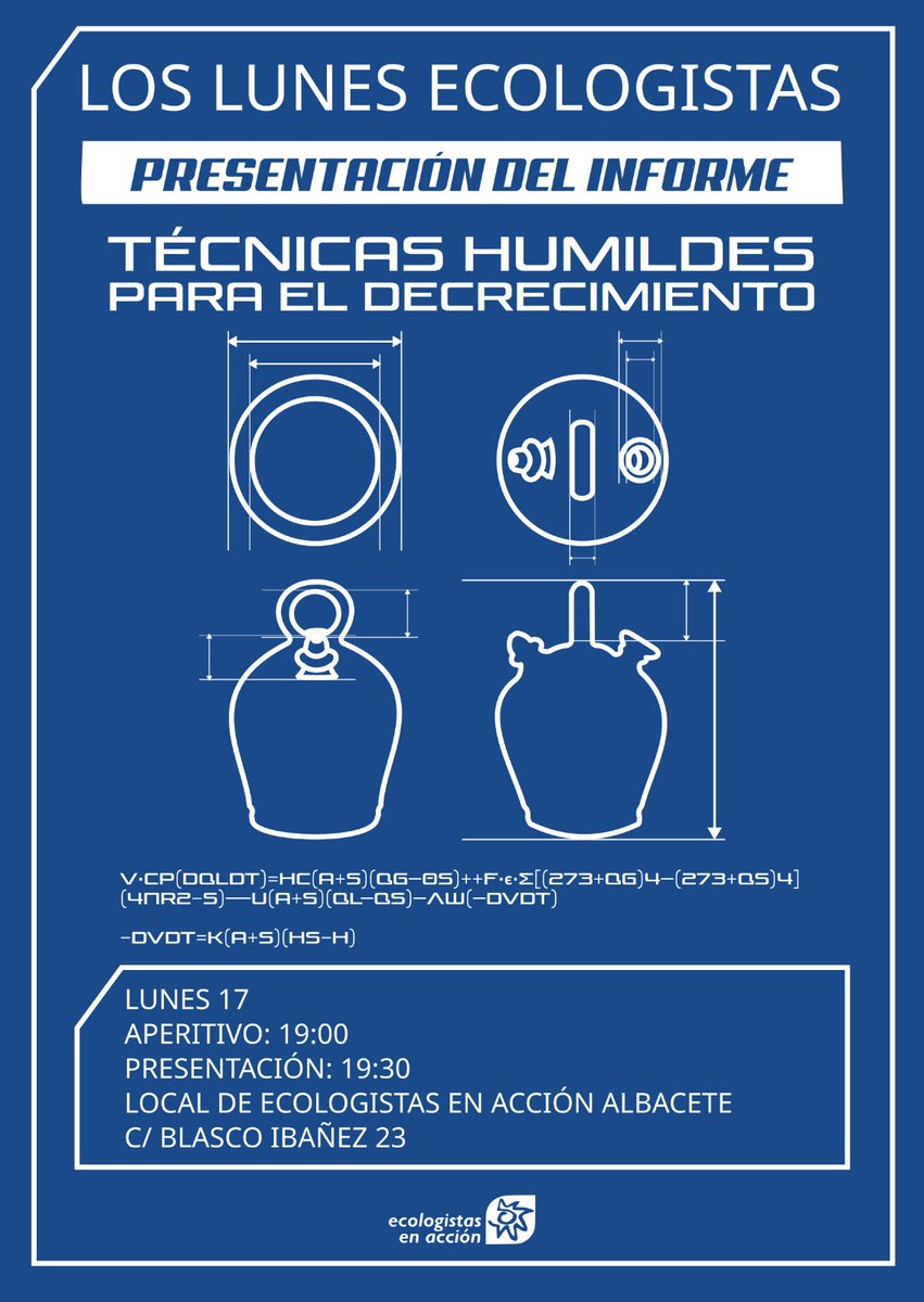 EcoEnAccionAb's tweet photo. Y para descubrir y desgranar 🙌 este informe sobre "técnicas humildes" para el #decrecimiento, tendremos charla de "Lunes Ecologistas":

- 📆 Lunes 17 de junio
- 📍 Sede Ecologistas en c/ Blasco Ibáñez, 23 
- 🕐 19:00 aperitivo. 19:30 charla https://t.co/SptCYSKYYe