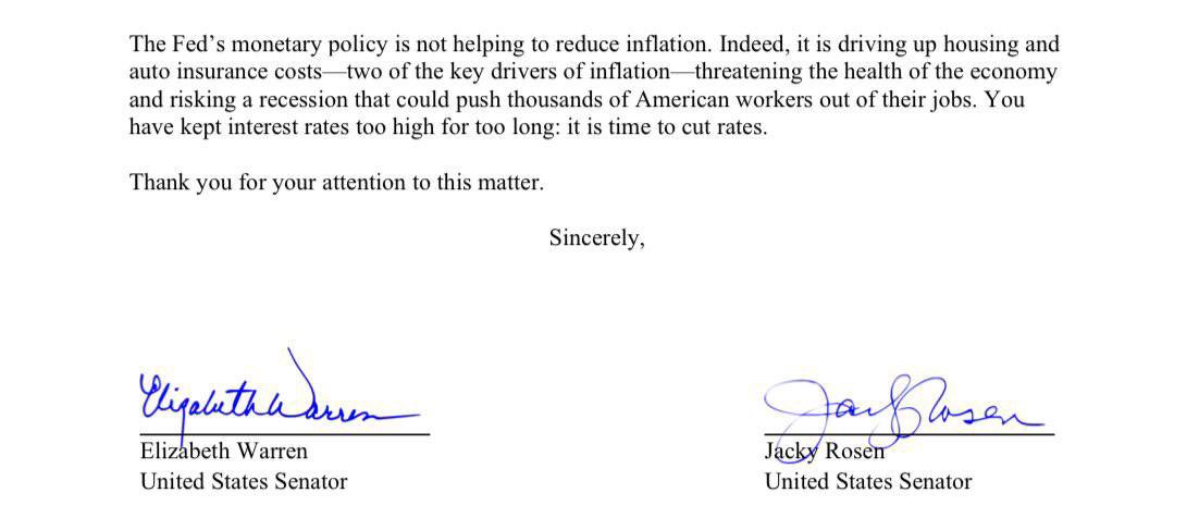 AshCrypto's tweet photo. 🚨 BREAKING 🚨 

ELIZABETH WARREN HAS SENT A LETTER TO JEROME POWELL ASKING FOR RATE CUTS 

POLITICIANS ARE NOW TRYING TO INFLUENCE FED TO DO RATE CUTS

THIS IS BULLISH FOR RISK-ON ASSETS LIKE BITCOIN AND CRYPTO https://t.co/AaQQkvhsW7