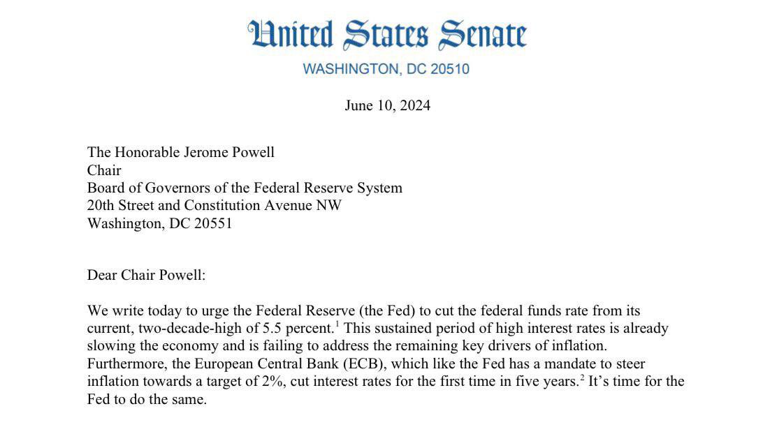AshCrypto's tweet photo. 🚨 BREAKING 🚨 

ELIZABETH WARREN HAS SENT A LETTER TO JEROME POWELL ASKING FOR RATE CUTS 

POLITICIANS ARE NOW TRYING TO INFLUENCE FED TO DO RATE CUTS

THIS IS BULLISH FOR RISK-ON ASSETS LIKE BITCOIN AND CRYPTO https://t.co/AaQQkvhsW7