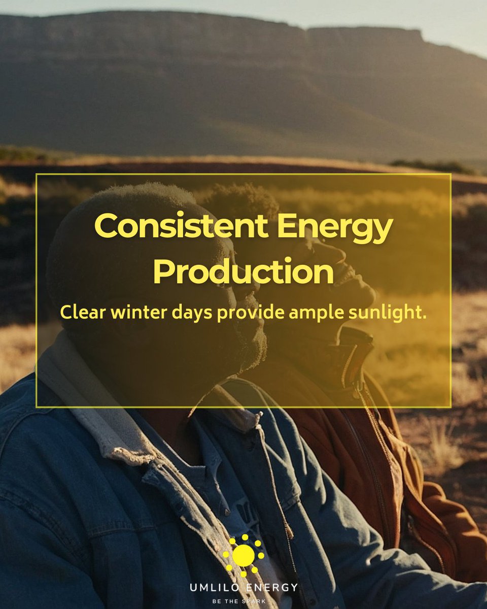 UmliloEnergy's tweet photo. Discover the benefits of winter sun with solar power! ❄️☀️ Higher efficiency, plenty of sunlight, and big energy savings. Stay cozy and eco-friendly this winter with Umlilo Energy. 🌞🔋 #WinterSun #SolarPower #EnergySavings #UmliloEnergy https://t.co/6oJ62S3ESY