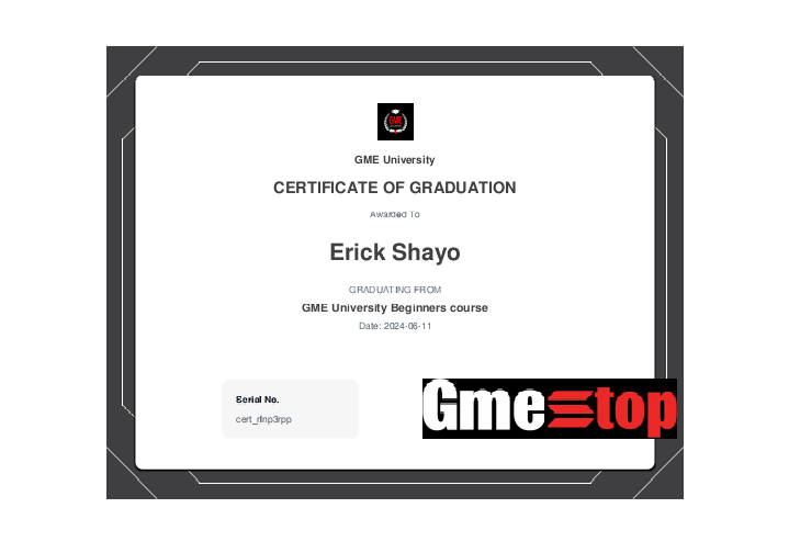 erick_shayo14's tweet photo. This is a certificate from @GmeUniversity more appreciation for them to their  guidelines which increase my knowledge on cryptocurrency and blockchain,..Thanks https://t.co/8LCFyyipgQ