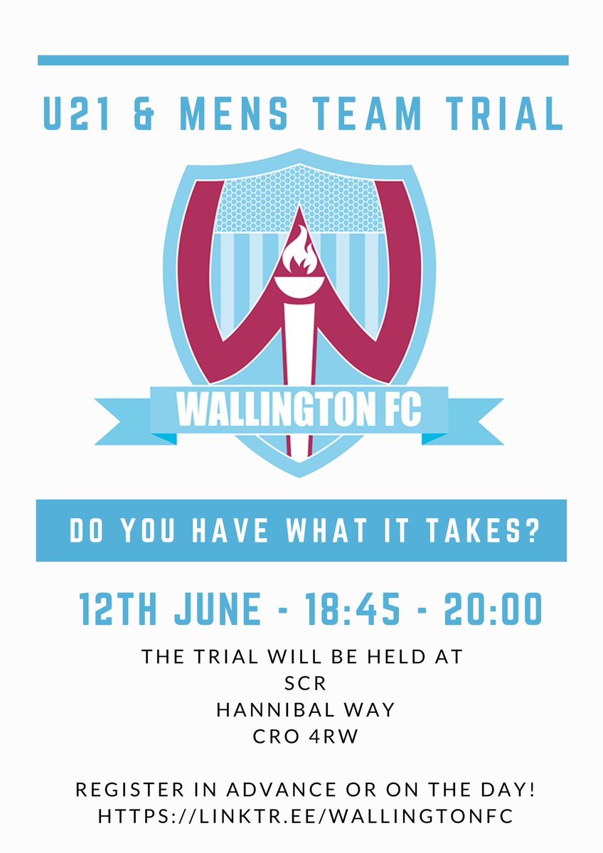 Wallington_FC's tweet photo. 🚨U21 &amp; Mens team trial🚨

12th June at 18:45 ⬇️
https://t.co/quRj8s1zaH

#wallington #sutton #carshalton
#Croydon https://t.co/QpSqGSudJD