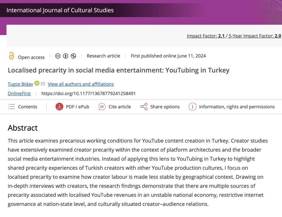 Tuฤรงe Bidav (@tugcebidav) on Twitter photo โจExcited to announce my first solo-authored paper is out now! I'm thrilled to be part of the new <a href="/IJCS_journal/">International Journal of Cultural Studies</a> special issue 'Global Perspectives on Platforms & Cultural Production' with a piece on localised precarity. Check it out ๐journals.sagepub.com/doi/10.1177/13โฆ โจExcited to announce my first solo-authored paper is out now! I'm thrilled to be part of the new <a href="/IJCS_journal/">International Journal of Cultural Studies</a> special issue 'Global Perspectives on Platforms & Cultural Production' with a piece on localised precarity. Check it out ๐journals.sagepub.com/doi/10.1177/13โฆ