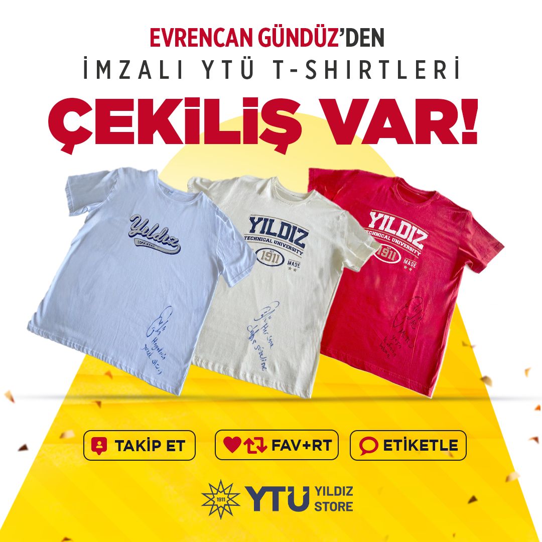 📢 ÇEKİLİŞİMİZ VAR, YTÜ Yıldız Store Takipçileri 🥳

Evrencan Gündüz’den imzalı t-shirt kazanmak için yapılması gerekenleri sıralayalım: 😎

➡️  @ytuyildizstore hesabını takip ediyor olmak
➡️ Fav + rt
➡️ Üç ayrı kişiyi etiketlemek

⏰ 20 Haziran günü sonuçlanacaktır.
#Çekiliş
