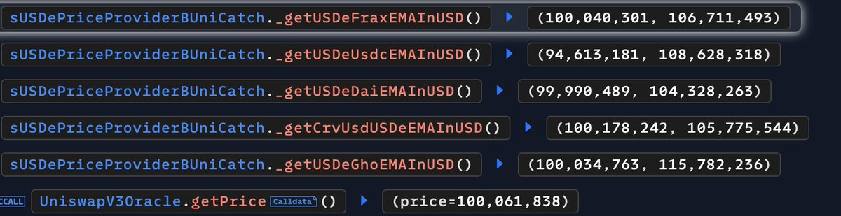 Your oracle has 11 price sources and takes the median. How many sources must you manipulate for the median to change? If the prices are all close to each other it should be 6, not 5. There's more to it:
The oracle used is the `sUSDePriceProviderBUniCatch`. It takes 11 sources
- 1
