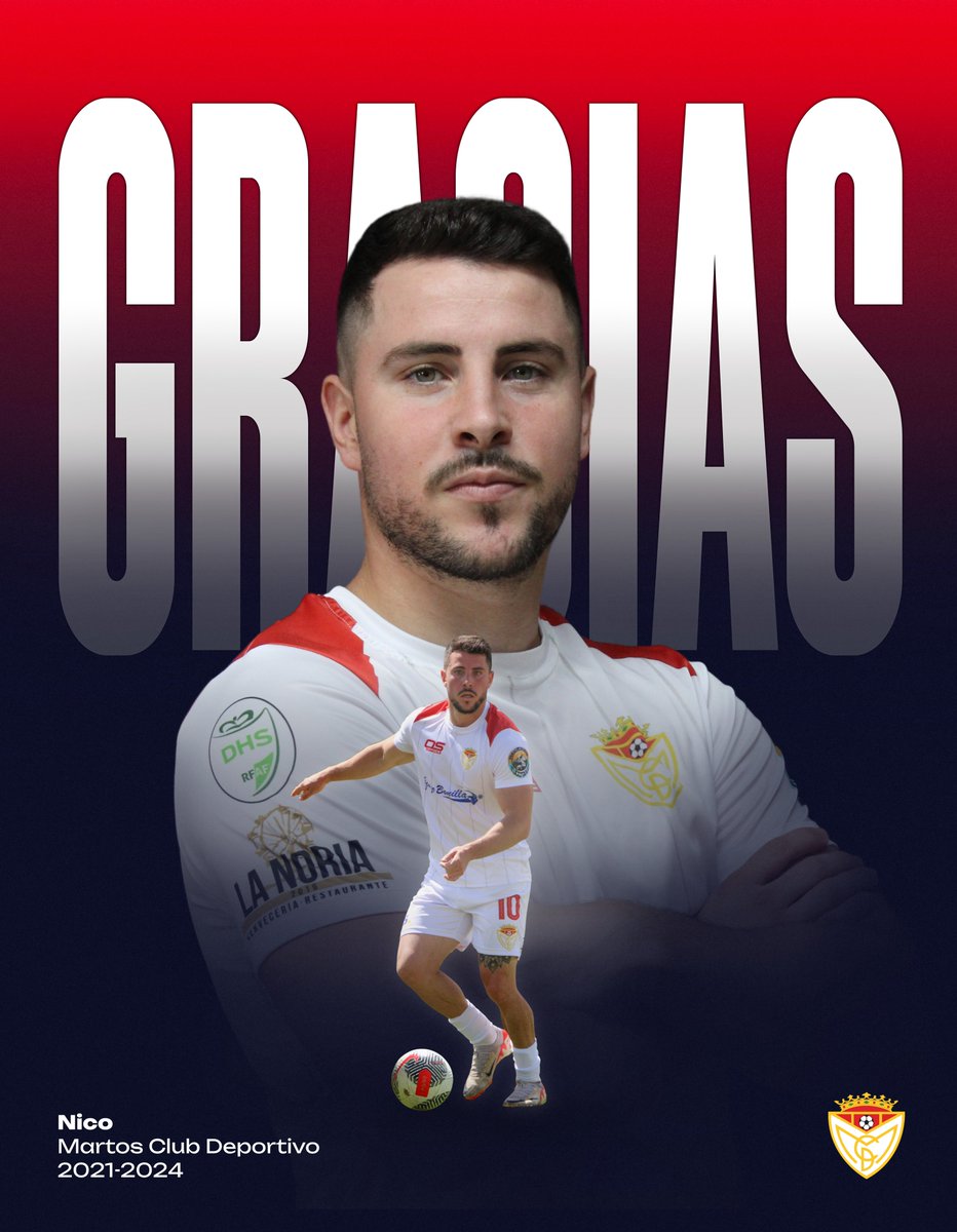 MartosClubDptv's tweet photo. Comunicado oficial.

Nico, jugador de nuestro club desde 2021 a 2024, no continuará en el Martos Club Deportivo la próxima temporada. 

Llegó a un Martos CD de Primera Andaluza y nos despedimos después de una asistencia para la historia que nos deja en 3ª RFEF. 65 partidos, 10 goles, innumerables regates por la banda y tres temporadas para el recuerdo.

Desde aquí le agradecemos cada uno de los buenos momentos que nos ha regalado y el tiempo que ha defendido nuestro escudo. El viejo Chamorro no olvidará tu magia. 

¡Gracias y mucha suerte, Nico!

#MartosClubDeportivo
