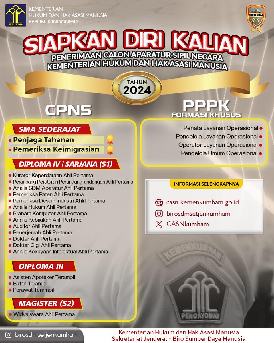 lpn_pkpinang's tweet photo. Oh Seperadik !!!
Penerimaan Calon Aparatur Sipil Negara (CASN) Kementerian Hukum dan Hak Asasi Manusia Tahun 2024 segera dibuka...
#PemasyarakatanPastiBerdampak
#KumhamPasti
#KumhamBabel
#LapasNarkotikaPangkalpinang
#LapastikaPastiBertimah
#CASNKemenkumham2024 https://t.co/aeClv6hcm0