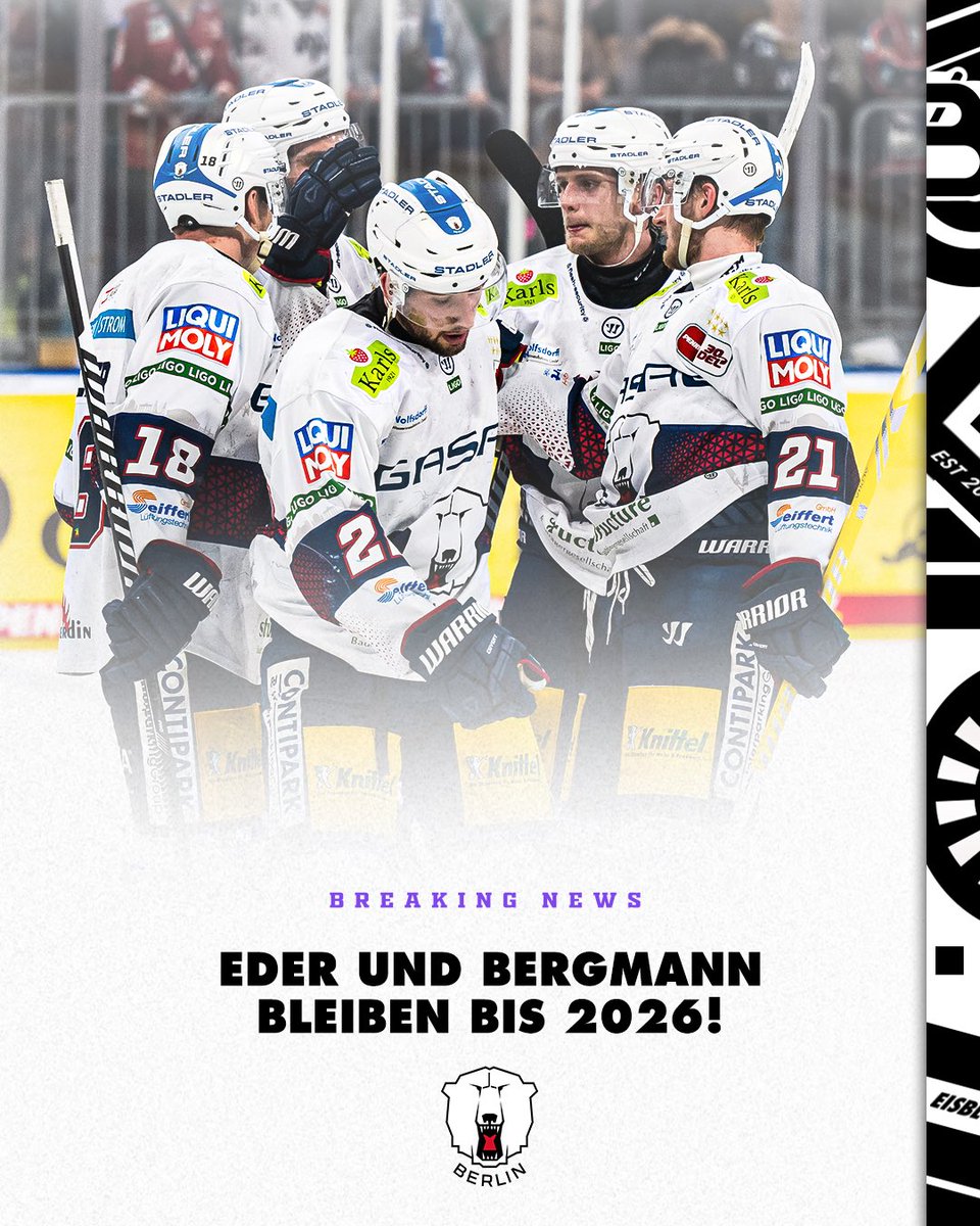 „Der Hauptstadtclub kann die vorzeitigen Vertragsverlängerungen mit (…) Tobias Eder und Lean Bergmann bekanntgeben. Die beiden Angreifer bleiben somit (…) bis mindestens 2026 im Team des amtierenden Deutschen Meisters. 

👉 eisbaeren.de/news/detail/ei…

#Eishockey 🧊
-
📸 City-Press