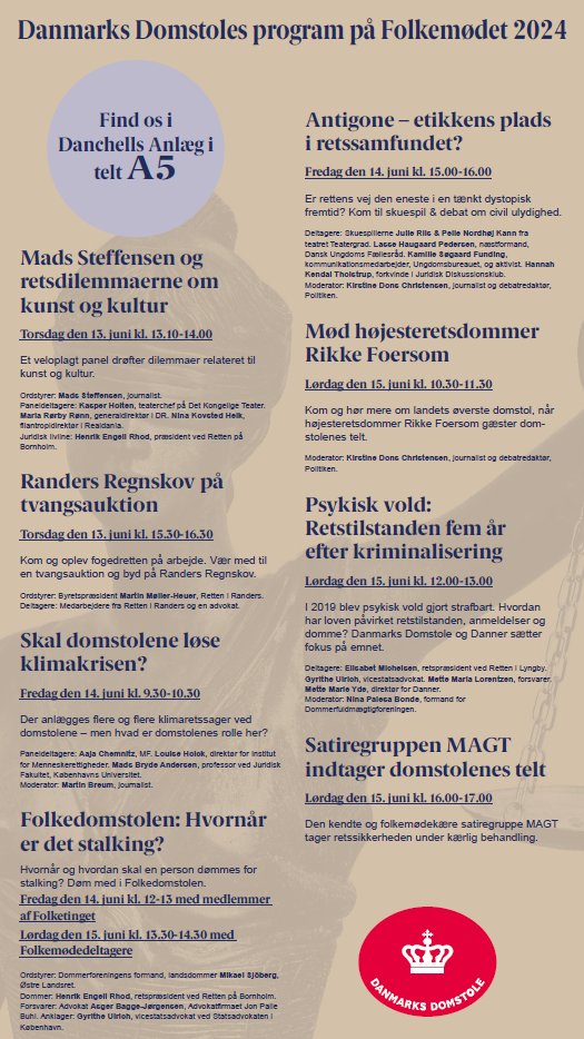 LarsPeter_SLevy's tweet photo. Køb Randers Regnskov på tvangsauktion, snak med en højesteretsdommer, vær nævning i Folkedomstolen i en sag om stalking og giv den gas med satiregruppen MAGT + meget andet. Her er Danmarks Domtoles Folkemødeprogram - kom forbi telt A5 i Danchells Anlæg:  https://t.co/tZevG784vq https://t.co/SC7noVAcwb