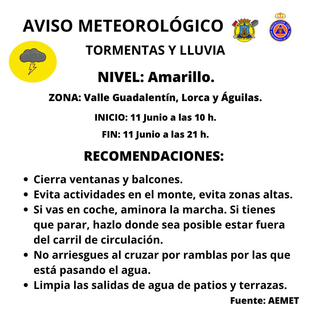 ⛈️Para hoy, 11 de junio <a href="/AEMET_Esp/">AEMET</a> sigue estableciendo aviso de nivel amarillo🟡por tormentas desde las 10h hasta las 21h. 
⚠️MUCHA PRECAUCIÓN⚠️

ESTAMOS POR TI🔵⚪️🔵
☎️0️⃣9️⃣2️⃣