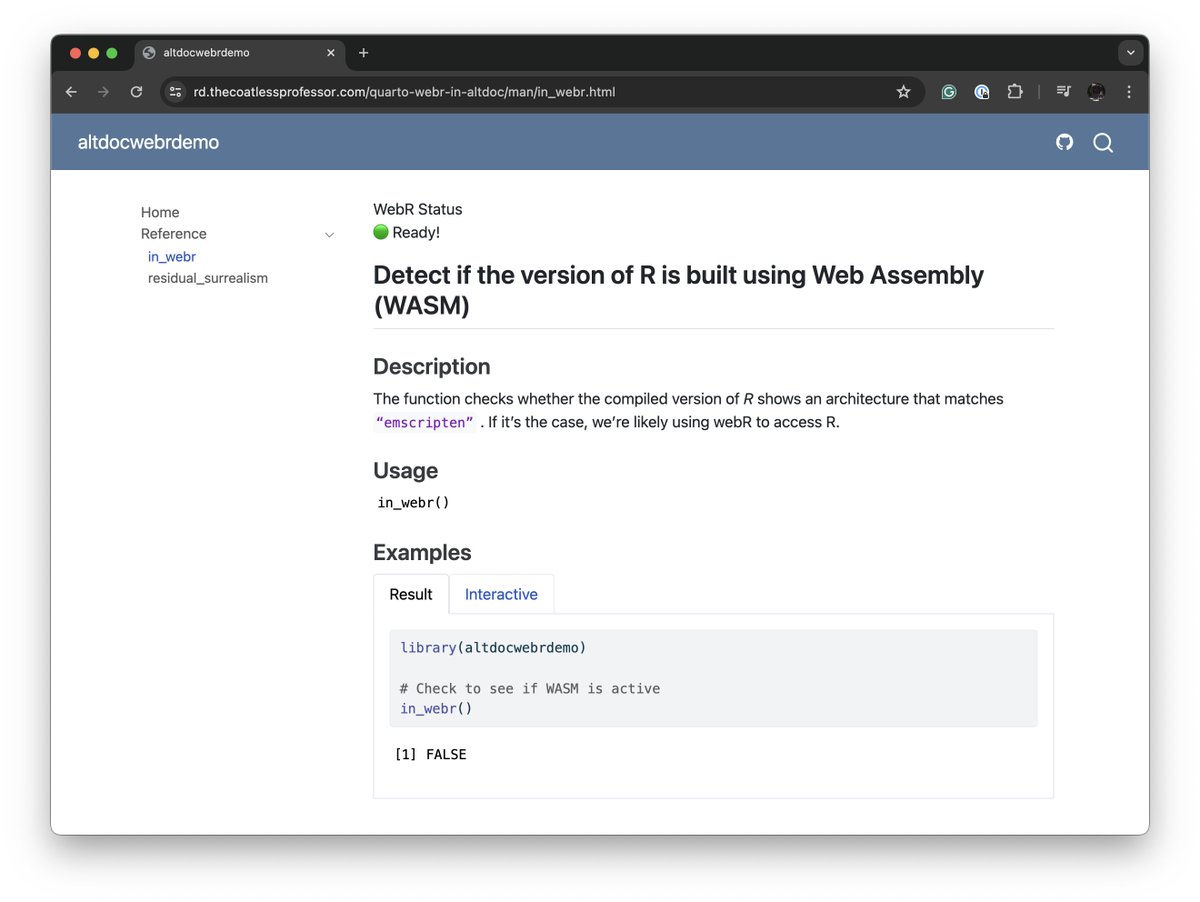 axiomsofxyz's tweet photo. #rstats package documentation websites via #altdoc now have interactive cell features using the {quarto-panelize} #quarto extension! Explore your package's capabilities directly on the web!  

🌐 : https://t.co/9SZiRA0a4I
📁 : https://t.co/axv4zFxKkX https://t.co/KLzuaFNWZf