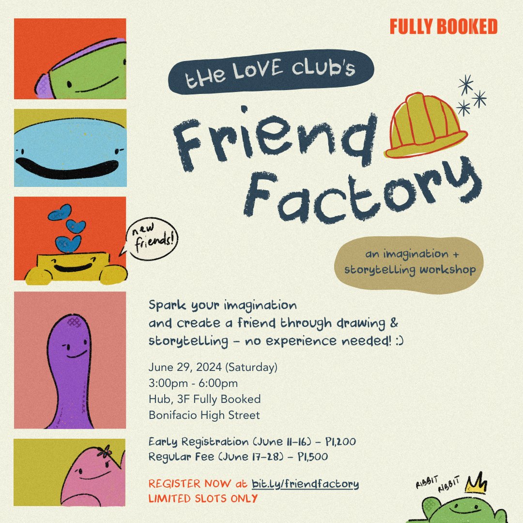 Let your inner child play with a fun exploration of imagination and storytelling through drawing and writing on June 29, 2024, from 3:00-6:00pm at The Hub of Fully Booked Bonifacio High Street! Perfect for ages 18-40. Join artist Kyla Estoya of The Love Club