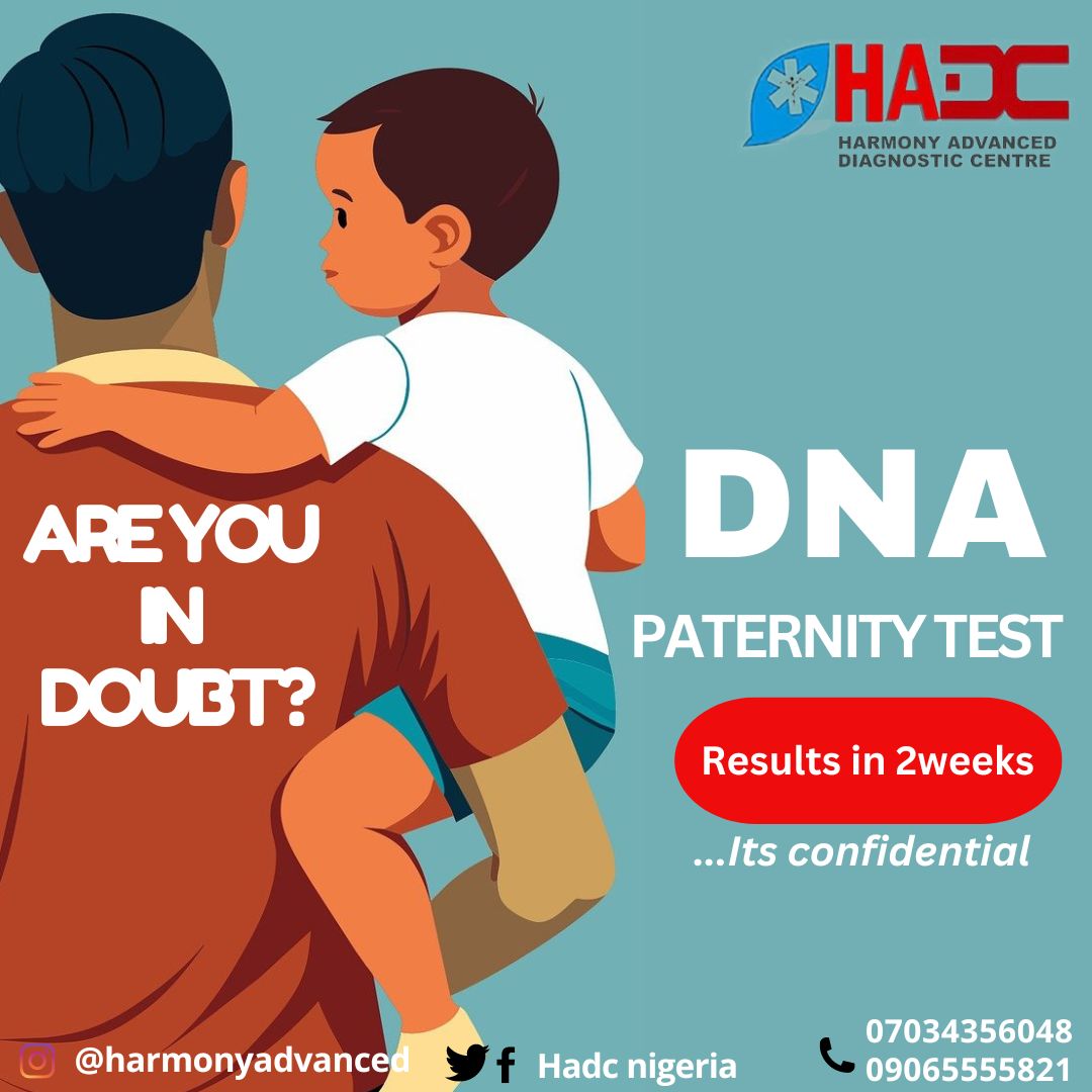HadcNigeria's tweet photo. "Discover the Truth with Certainty"
 DNA Paternity Testing: Fast, Precise, and Private. Embrace clarity now. #PaternityTest #DNA #FamilyMatters #GeneticTesting https://t.co/gylNSKCvTW