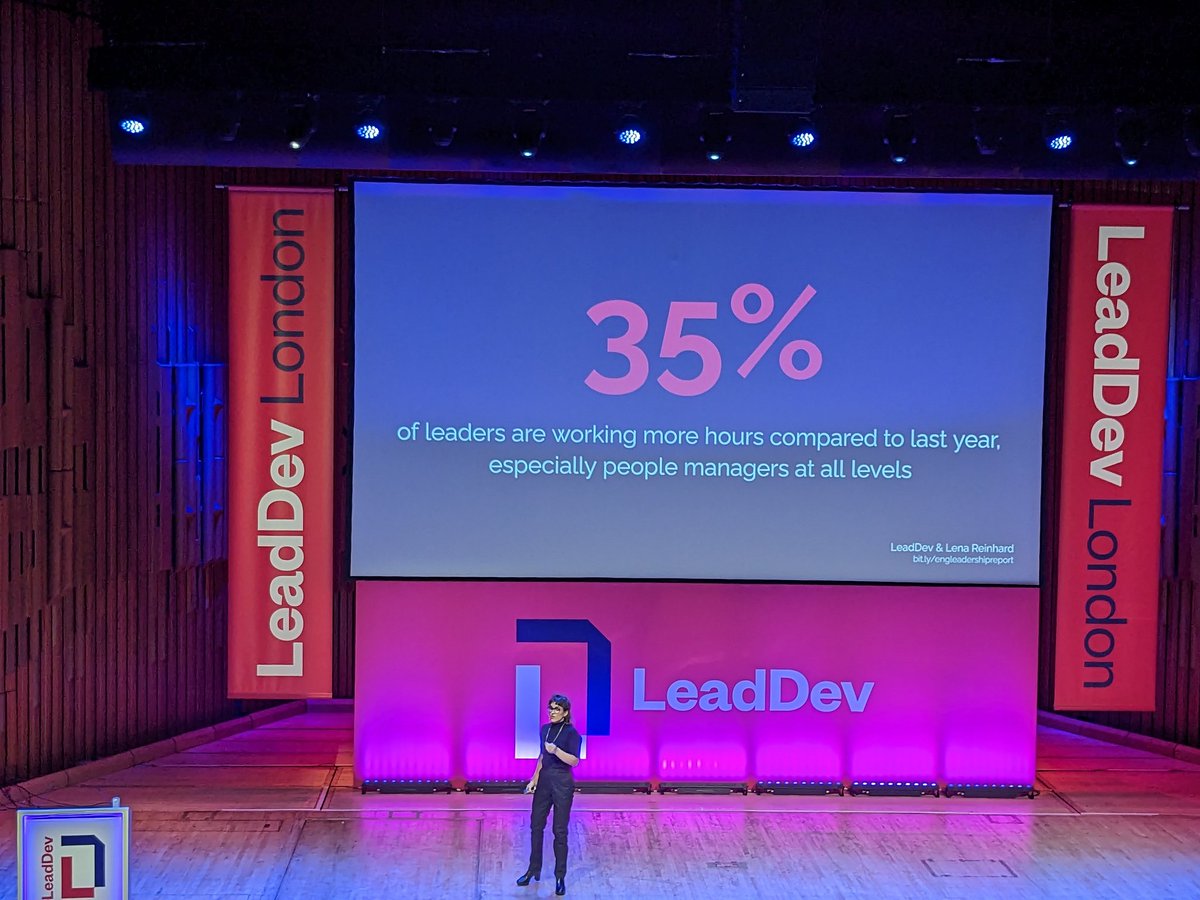 Loved <a href="/lenareinhrdt/">Lena Reinhardt</a>'s talk on tech Leadership today ...bit.ly/engleadershipreport at @theleaddev - funniest quote was someone saying the C suite should be replaced with AI "which could explain their decisions as well if not better" (appx quote as wasn't fast enough w/camera)
