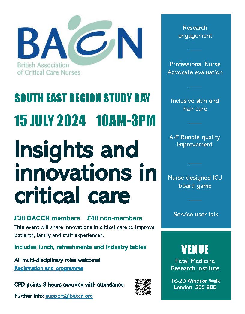 BACCN South East Region are pleased to invite you to a study day on Insights and Innovations in Critical Care on Monday 15th July 2024, 10:00 to 15:00, London.  See more and book baccn.org/.../south-east…