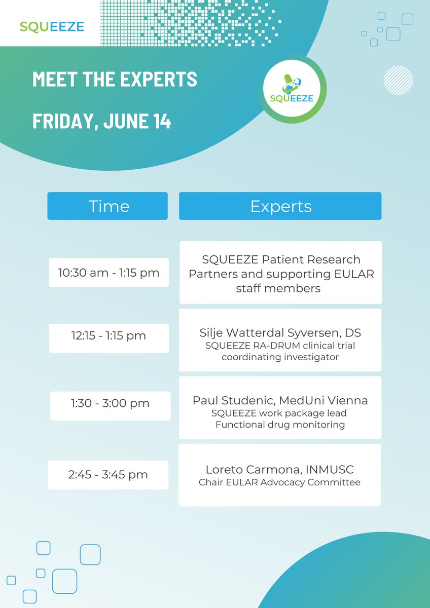 SQUEEZE (@squeeze_project) on Twitter photo 🥳 Already excited for #EULAR2024? Check out the <a href="/SQUEEZE_project/">SQUEEZE</a> "Meet the Experts" schedule. 🗓
📍 We will be onsite at booth O21 and each day you can join us for engaging discussions with @carmona_loreto, <a href="/Stiddyo/">Paul Studenic</a>, <a href="/FeliceRivellese/">Felice Rivellese</a>, <a href="/kocheragnes/">Agnes Kocher</a> and many more. #RA 🥳 Already excited for #EULAR2024? Check out the <a href="/SQUEEZE_project/">SQUEEZE</a> "Meet the Experts" schedule. 🗓
📍 We will be onsite at booth O21 and each day you can join us for engaging discussions with @carmona_loreto, <a href="/Stiddyo/">Paul Studenic</a>, <a href="/FeliceRivellese/">Felice Rivellese</a>, <a href="/kocheragnes/">Agnes Kocher</a> and many more. #RA