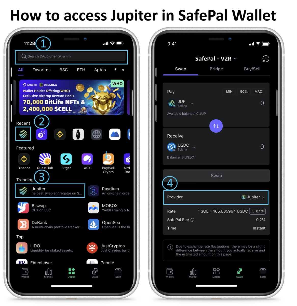 Users can now access #Jupiter seamlessly in the SafePal swap & Dapp  marketplace to enjoy blazing fast transaction speeds & low slippage👇 Swap  for $JUP & participate in governance, explore other opportunities