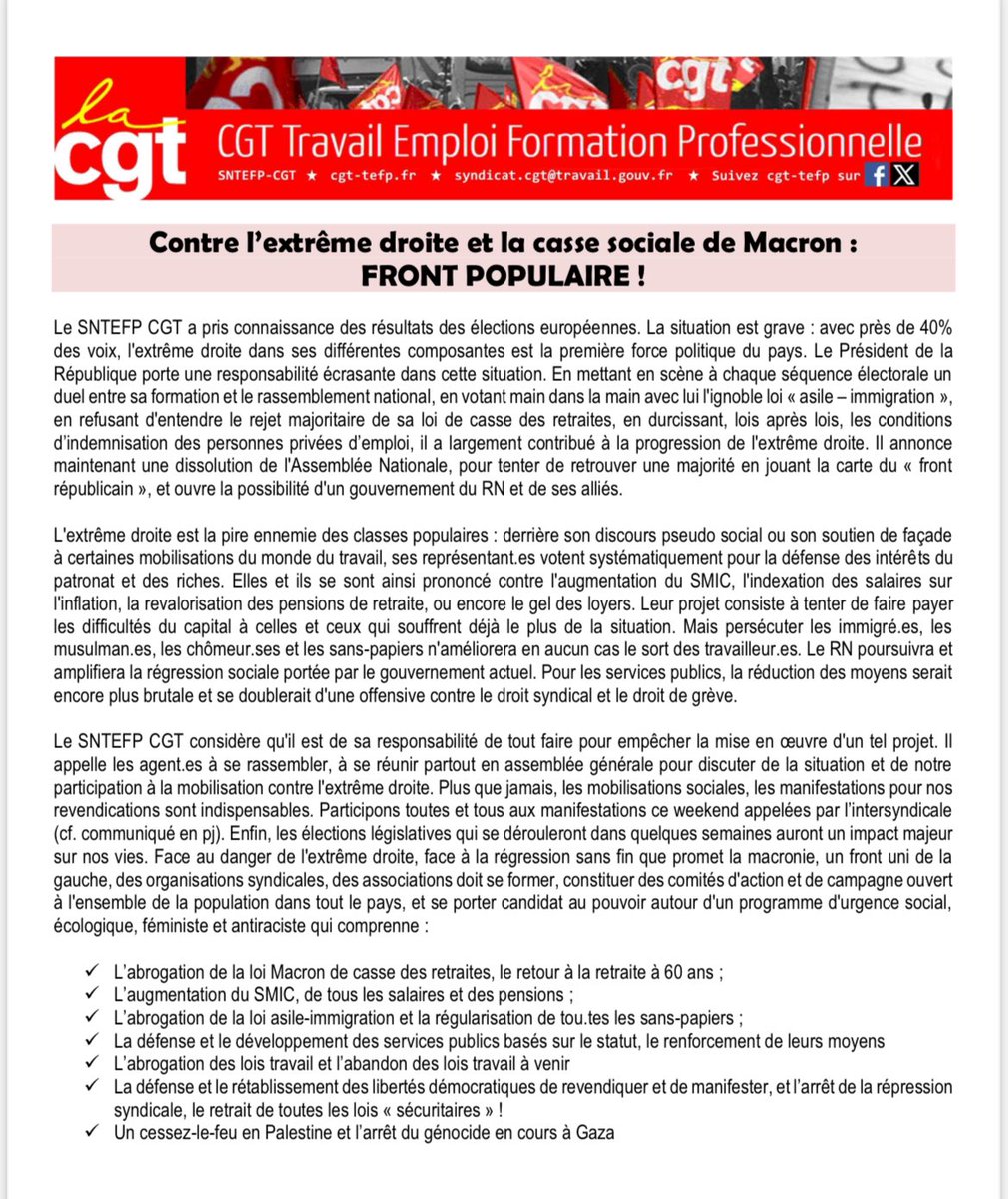 smith51_a's tweet photo. 🚨Gloire à la décision de la #CGT de l’Inspection du travail, premier syndicat du Ministère, "mon" syndicat, de s’engager avec force pour la victoire du #FrontPopulaire aux #Legislatives #LegislativesAnticipées . ✊

👇🔥👇 https://t.co/QoSlmki7hy