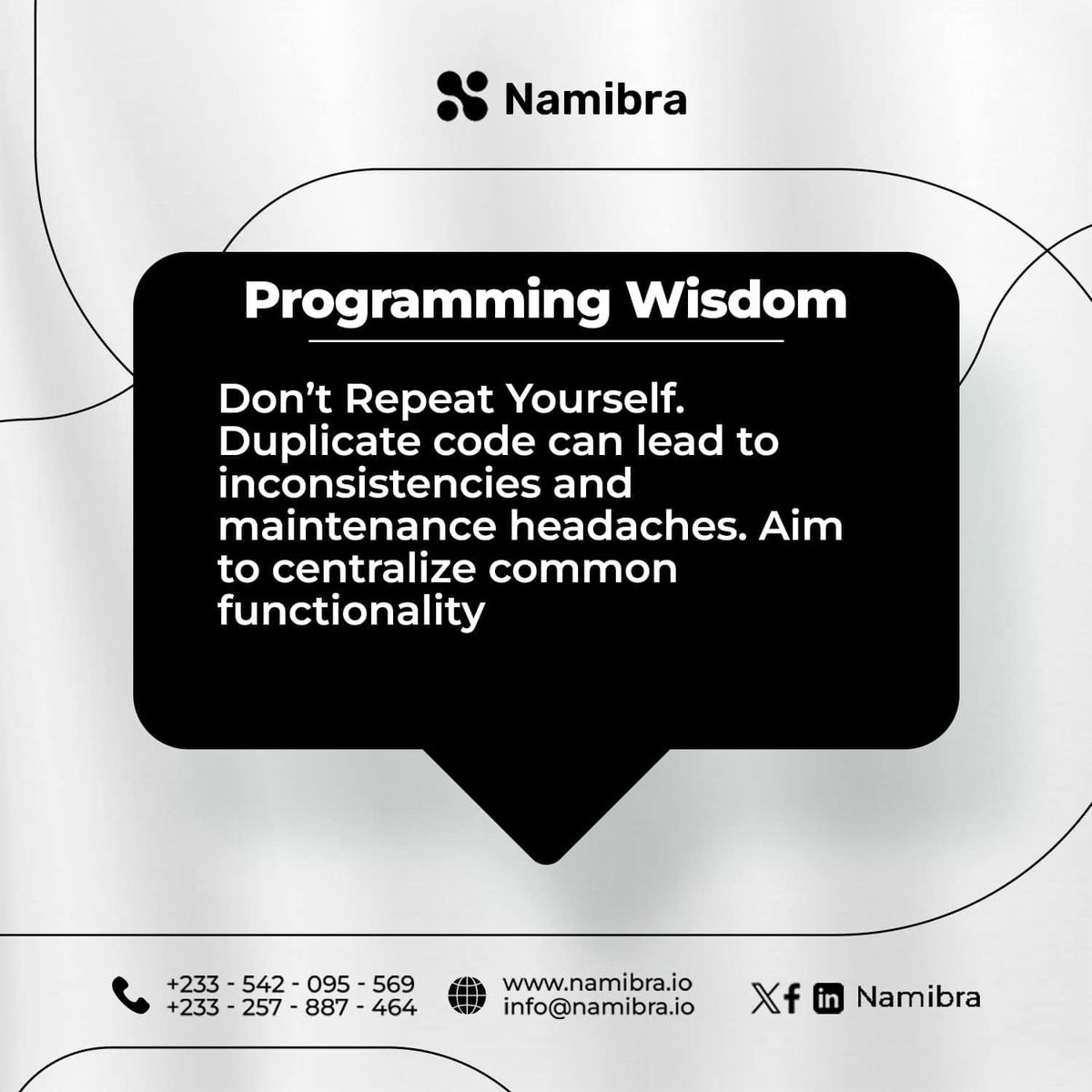 NamibraInc's tweet image. PROGRAMMING WISDOM

Don’t repeat yourself 

Just aim to centralize common functionality.

Have a blessed Tuesday!

#namibra
#softwaredevelopment
#ProgrammingWisdom