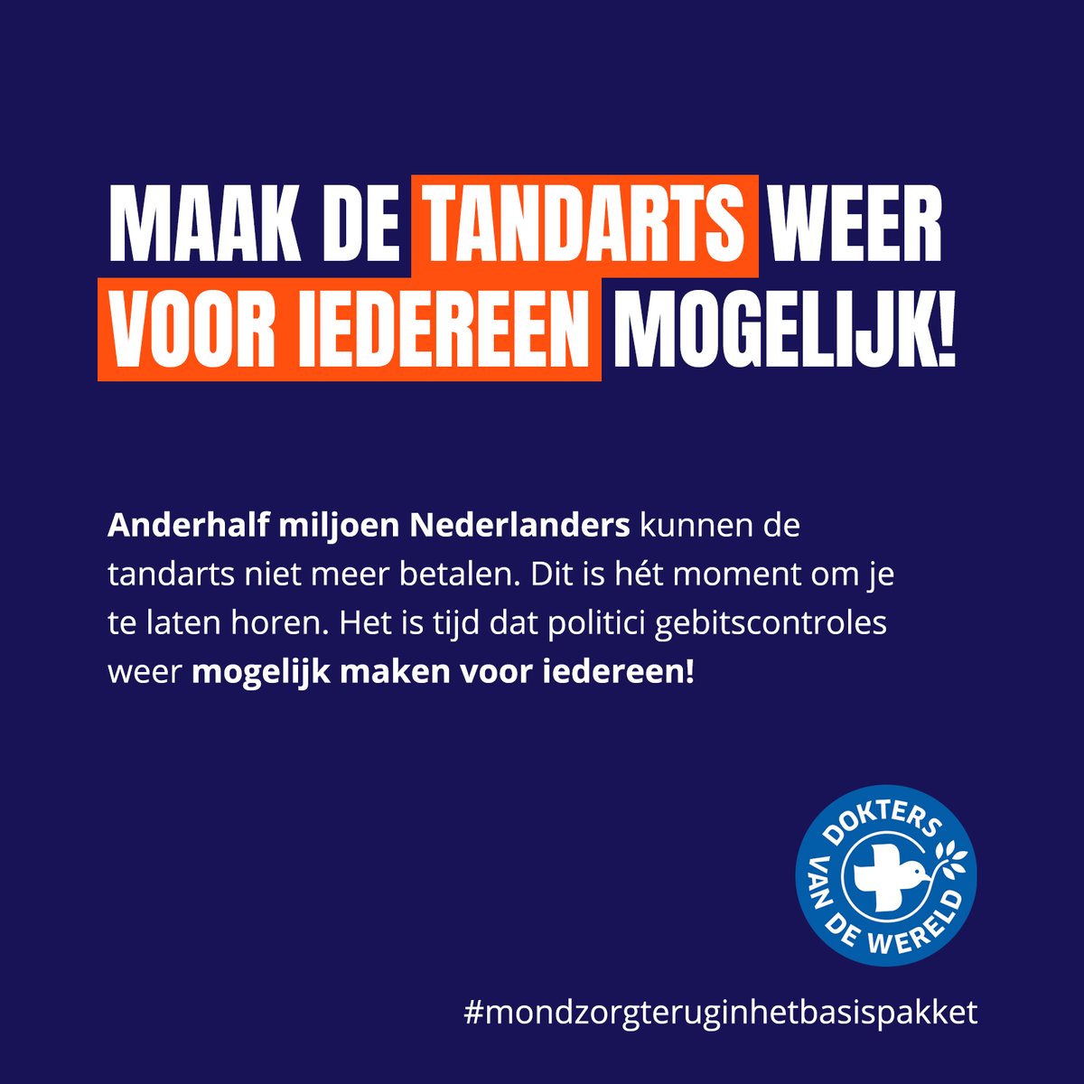 Inmiddels erkennen alle politieke partijen dat #mondzorgarmoede een groot probleem is in Nederland. Onze verbazing was dan ook groot toen bleek dat het niet wordt genoemd in het #hoofdlijnenakkoord. Dit is hét moment om je te laten horen! Help mee en verspreid onze boodschap! 📢