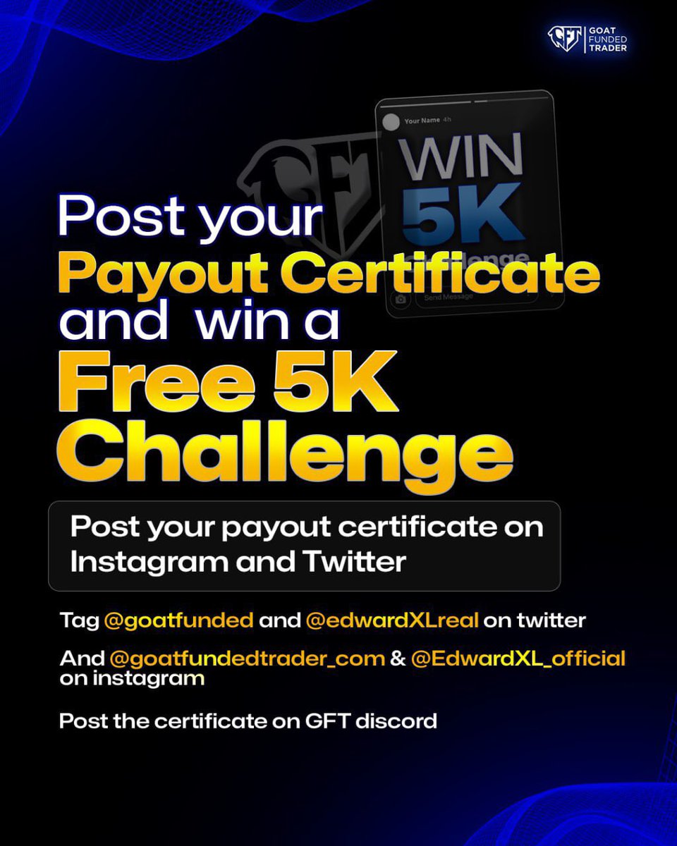 GET A FREE $5K CHALLENGE

Follow easy instructions:

✅ Post your certificate (payout or passing certificate) on twitter and tag GFT &amp; Edward

✅ post the certificate on IG stories and tag GFT &amp; Edward

✅ post the certificate on GFT discord chats

Then contact our support with