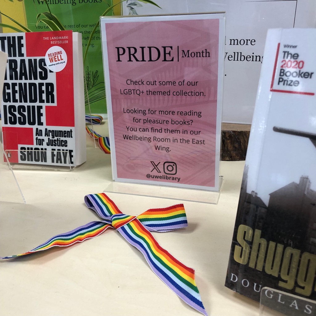 UWELibrary's tweet photo. 🏳️‍🌈Happy #PrideMonth🏳️‍🌈⁠
⁠
We have a vast collection of LGBTQ+ resources in our libraries. Our new display at Glenside is showcasing just some of them! ⁠
⁠
Use Library Search to explore more of our collection.

#Pride2024 #BooksForPride #LBGTQBooks #Pride https://t.co/cdllAHnSHh