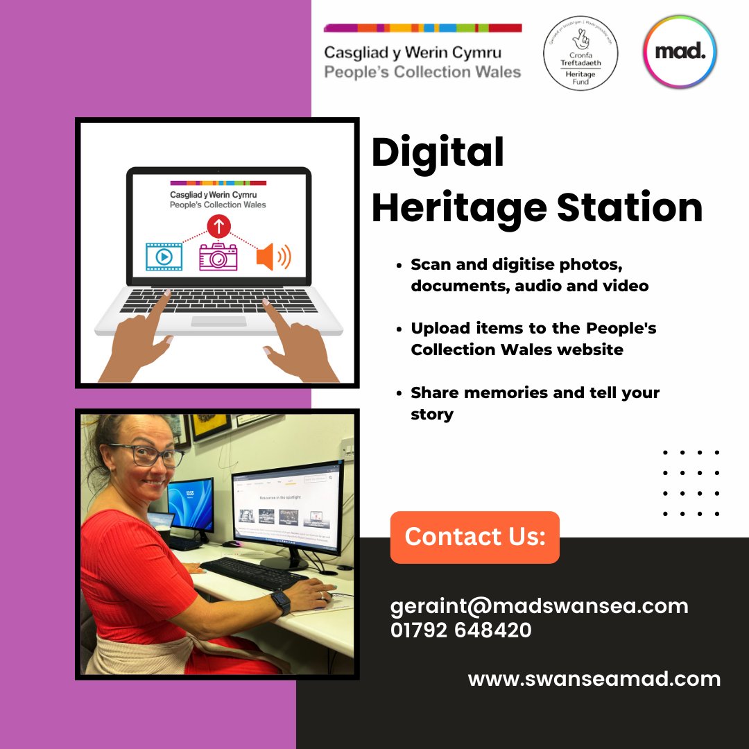 If you'd like to add any photos, documents, audio, video or stories to Peoples Collection pop into the #DigitalHeritageStation at Swansea MAD.

We can support you to organise, scan &amp; digitise items and tell your story. 

<a href="/HeritageFundCYM/">Cronfa Treftadaeth y Loteri Genedlaethol</a>