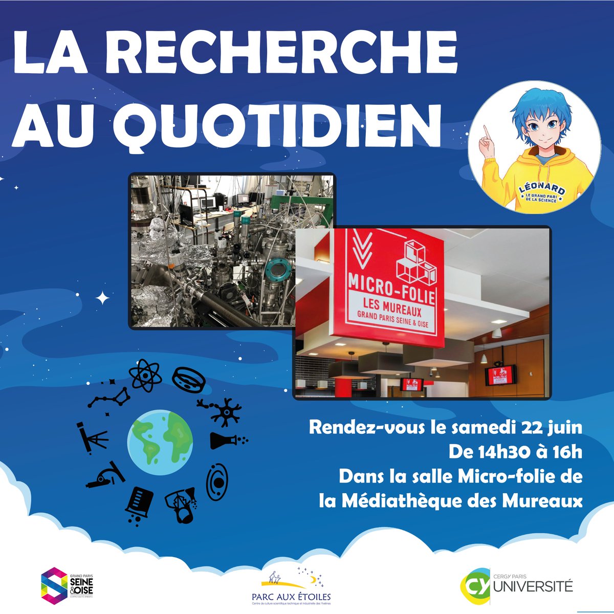 Samedi 22 juin de 14h30 à 16h, on vous donnes rendez-vous dans la salle Micro-folie de la Médiathèque des Mureaux pour une conférence gratuite 🤩!

La recherche au quotidien ! 🔭🔬
Au menu📃 : 
milieu interstellaire ☀ et intra crânien 🧠 !

billetterie-pae.gpseo.fr/event/361581-c…

#scicom