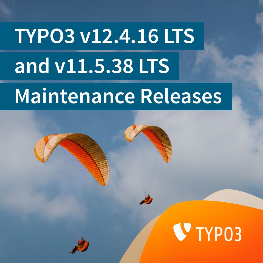 typo3's tweet image. ℹ️  TYPO3 12.4.16 and 11.5.38 maintenance releases published! 

Today we’ve published planned maintenance versions of #TYPO3 v12.4.16 LTS &amp;amp; v11.5.38 #LTS with bugfixes only. Happy updating! 💻 

More info in the release notes: typo3.org/article/typo3-…