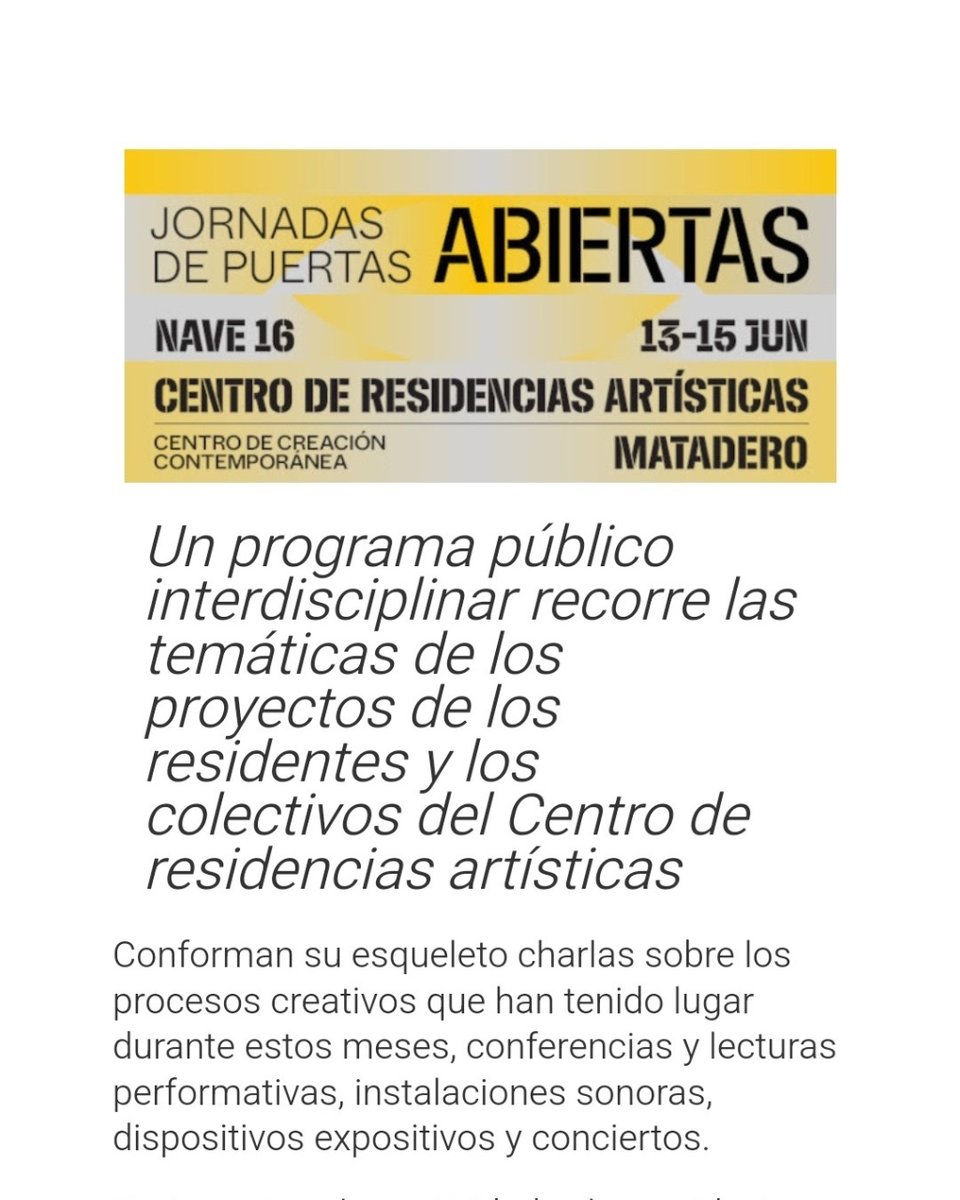 🎨Del 13 al 15 de junio el #Centroresidenciasartísticas celebra nuevas #JornadasPuertasAbiertas. Os invitamos a descubrir los diferentes proyectos que desarrollan los y las artistas, así como la comisaria residente en #MataderoMadrid.

Descarga programa👇
bit.ly/3Rm25GW