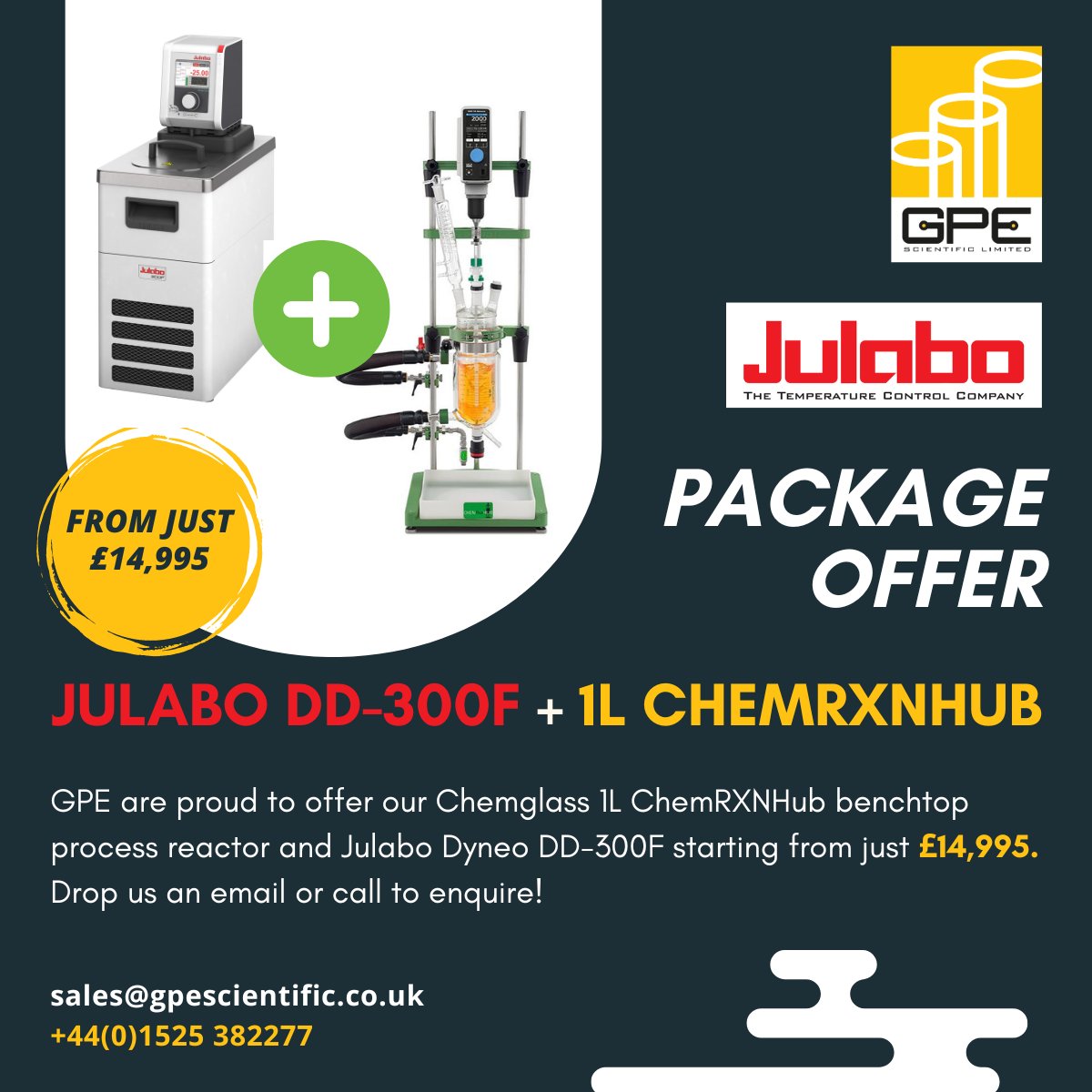 GPEScientific's tweet photo. NEW Package offer! Synthesise your perfect @Chemglass reactor &amp; @JULABO_GmbH temperature control setup starting from just £14,995!

Contact our specialists today to receive the ideal specification for your requirements.

#chemistry #laboratory #temperaturecontrol #processreactor https://t.co/HprOgBDckC