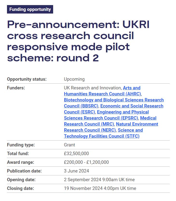 Pre-announcement: UKRI cross research council responsive mode pilot scheme: round 2

Find out more about the scheme: orlo.uk/W1BCW

A webinar to inform potential applicants about UKRI-supported facilities and services will take place on 4 July: orlo.uk/92aaY
